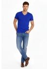 Erkek T-Shirt V Yaka Slim Fit dar kesim Likralı Tişört Günlük Basic Body - Saks Mavisi