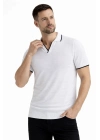 Erkek Triko Kumaş Yakalı Düğmesiz Açık Yaka Fitilli Kısa Kollu Regular Fit Tişört T-shirt - Beyaz