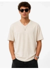Erkek V Yaka Basic Tişört Kısa Kol Yazlık Regular Fit T-Shirt - Bej