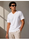 Erkek V Yaka Basic Tişört Kısa Kol Yazlık Regular Fit T-Shirt - Beyaz