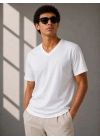 Erkek V Yaka Basic Tişört Kısa Kol Yazlık Regular Fit T-Shirt - Beyaz