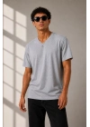 Erkek V Yaka Basic Tişört Kısa Kol Yazlık Regular Fit T-Shirt - Gri