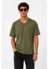 Erkek V Yaka Basic Tişört Kısa Kol Yazlık Regular Fit T-Shirt - Haki