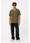 Erkek V Yaka Basic Tişört Kısa Kol Yazlık Regular Fit T-Shirt - Haki