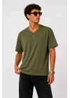 Erkek V Yaka Basic Tişört Kısa Kol Yazlık Regular Fit T-Shirt - Haki