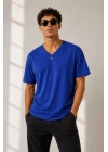 Erkek V Yaka Basic Tişört Kısa Kol Yazlık Regular Fit T-Shirt - Saks Mavisi
