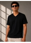 Erkek V Yaka Basic Tişört Kısa Kol Yazlık Regular Fit T-Shirt - Siyah