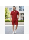 Erkek Waffle Kumaş Kısa Kol Gömlek Şort Takım Regular Yazlık İkili Set - Bordo