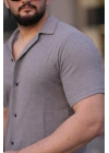 Erkek Waffle Kumaş Kısa Kollu Düğmeli Açık Yaka Regular Fit Gömlek - Gri