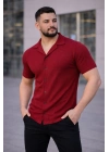 Erkek Waffle Kumaş Kısa Kollu Düğmeli Açık Yaka Regular Fit Gömlek - Kırmızı