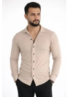 Erkek Waffle Kumaş Uzun Kollu Düğmeli Açık Yaka Regular Fit Gömlek - Bej