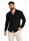 Erkek Waffle Kumaş Uzun Kollu Düğmeli Açık Yaka Regular Fit Gömlek - Siyah