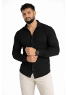Erkek Waffle Kumaş Uzun Kollu Düğmeli Açık Yaka Regular Fit Gömlek - Siyah
