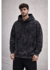 Erkek Yağ Yıkamalı Kapşonlu Double Oversize Üç İplik Pamuklu Sweatshirt - Siyah