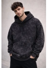 Erkek Yağ Yıkamalı Kapşonlu Double Oversize Üç İplik Pamuklu Sweatshirt - Siyah