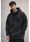 Erkek Yağ Yıkamalı Kapşonlu Oversize Üç İplik Pamuklu Sweatshirt - Siyah
