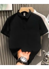 Erkek Polo Yaka Tişört Düğmeli Pike Düz T-Shirt - Siyah