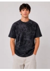 Erkek Yıkamalı Washed Effect Tişört Bisiklet Yaka Sokak Stil Kısa Kol T-Shirt - Siyah