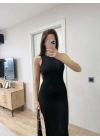 Fitilli Triko Elbise Kolsuz Sırtı Kapalı Maxi Uzun Boy - Siyah -