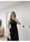 Fitilli Triko Elbise Kolsuz Sırtı Kapalı Maxi Uzun Boy - Siyah -