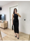 Fitilli Triko Elbise Kolsuz Sırtı Kapalı Maxi Uzun Boy - Siyah -
