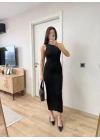 Fitilli Triko Elbise Kolsuz Sırtı Kapalı Maxi Uzun Boy - Siyah -