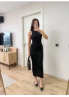 Fitilli Triko Elbise Kolsuz Sırtı Kapalı Maxi Uzun Boy - Siyah -