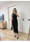Fitilli Triko Elbise Kolsuz Sırtı Kapalı Maxi Uzun Boy - Siyah -