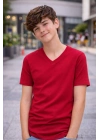 Genç Erkek Çocuk V Yaka Tişört Yazlık Model Günlük Basic Body - Bordo