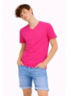 Genç Erkek Çocuk V Yaka Tişört Yazlık Model Günlük Basic Body - Pembe