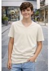 Genç Erkek Çocuk V Yaka Tişört Yazlık Model Günlük Basic Body - Taş