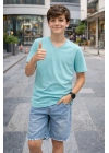 Genç Erkek Çocuk V Yaka Tişört Yazlık Model Günlük Basic Body - Turkuvaz