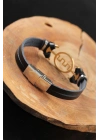 ® Gold Renk Metal Labirent Tasarım Siyah Renk Deri Erkek Bileklik
