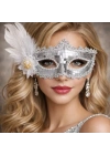 Gümüş Tüylü Payetli Lüks Taşlı Parti Maskesi