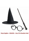 Harry Potter Tarzı Çocuk Seti (Siyah Keçe Şapka, Asa, Gözlük)