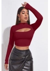 Kadın Bordo Göğüs Dekolteli Uzun Kollu Cut Out Crop Top Bluz