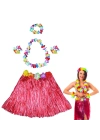 Hawaii Dans Kostümü – Kırmızı Hula Etek & Çiçek Kolye Seti