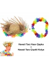 Hawaii Tarzı Tropikal Çiçekli Hasır Şapka Ve Çiçekli Hawaii Kolye