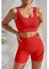 Kadın Kırmızı Kalın Askılı Yüksek Bel Şortlu Gecelik Takımı