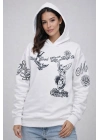 Kadın 3 İplik Pamuklu Kapüşonlu Baskılı SweatShirt hoodie - Beyaz