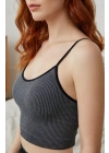 Kadın Anstrasit Gri İp Askılı Crop Top Bluz