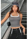Kadın Antrasit Gri Beyaz Çift Renk Çapraz Askılı Crop Top Bluz