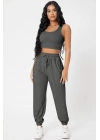 Kadın Antrasit Gri Kaşkorse Cepli Jogger Eşofman Altı ve Crop Top Bluz