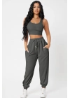 Kadın Antrasit Gri Kaşkorse Cepli Jogger Eşofman Altı ve Crop Top Bluz