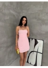 Kadın Askılı Şifon Mini Elbise Drapeli Bel Vücuda Oturan Yazlık Şık - Pembe