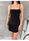 Kadın Askılı Şifon Mini Elbise Drapeli Bel Vücuda Oturan Yazlık Şık - Siyah