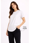Kadın Basic T-Shirt Kısa Kol Bisiklet Yaka Oval Kesim Tişört - Beyaz
