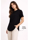 Kadın Basic T-Shirt Kısa Kol Bisiklet Yaka Oval Kesim Tişört - Siyah