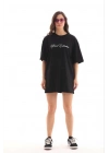 Kadın Kısa Kol Yazlık Tişört Bisiklet Yaka Baskılı Oversize T-Shirt - Siyah