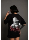 Kadın Baskılı T-Shirt Oversize Kısa kol Bisiklet yaka tişort- Siyah